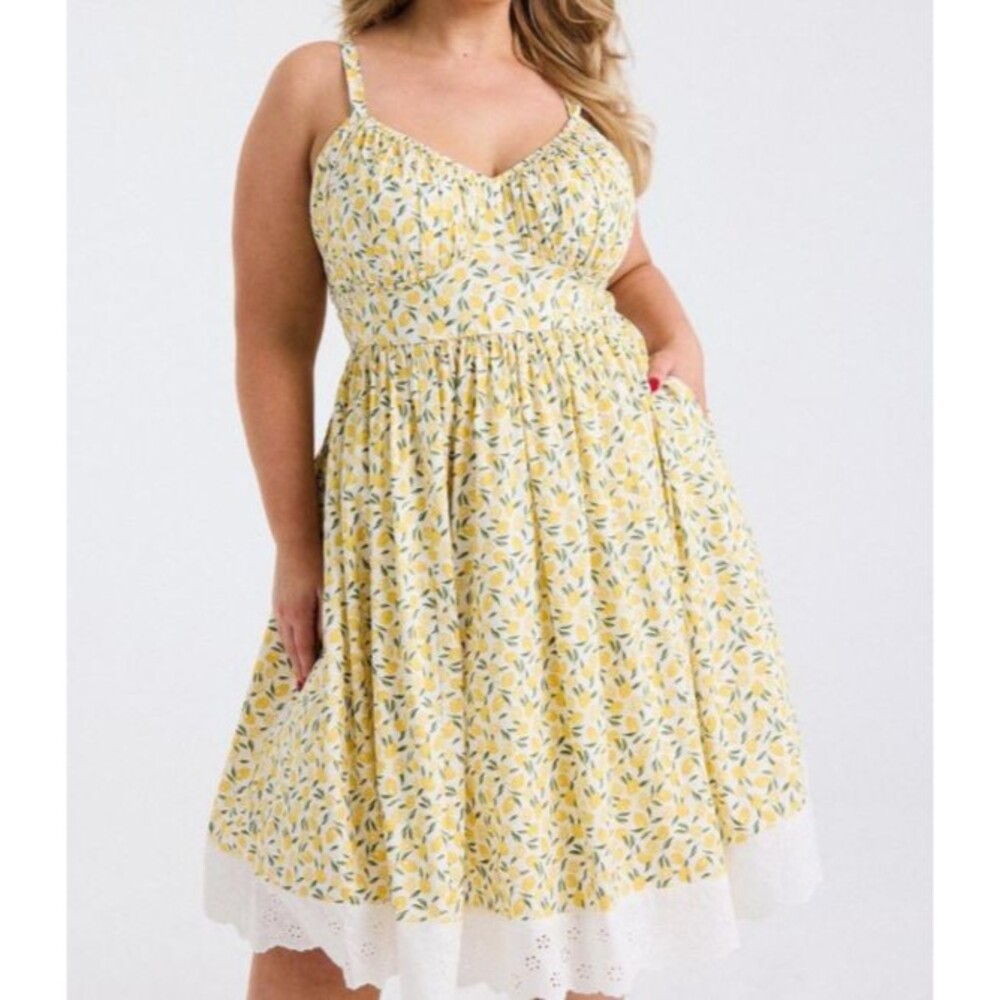 Torrid Retro Chic Lemon Print Cotton Blend Fit Flare Side Pocket Dress Size 18 - Picture 3 of 11